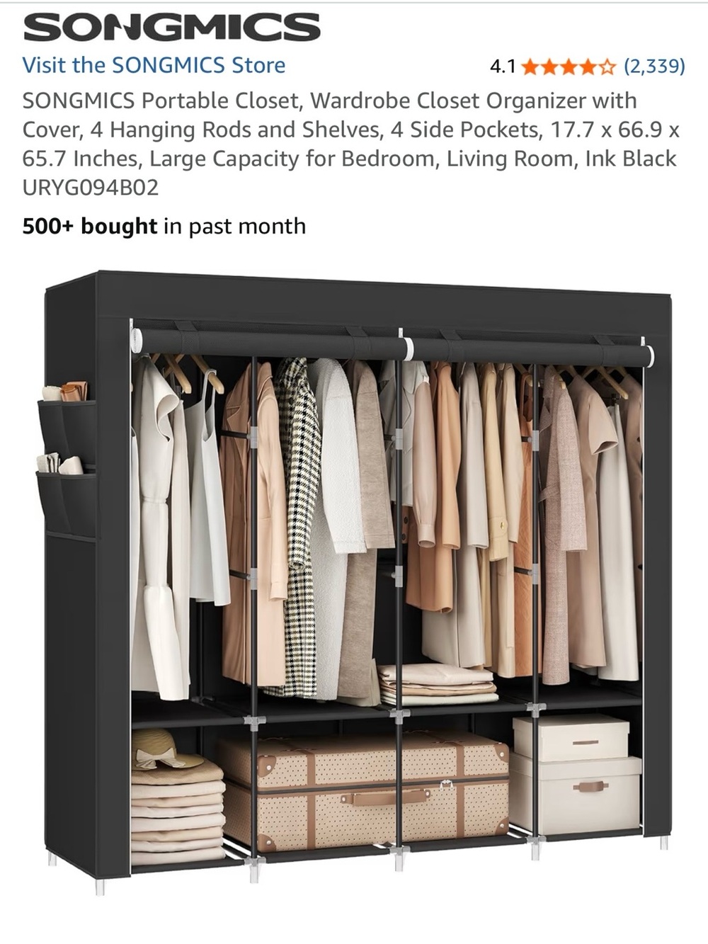 SONGMICS Black Portable Wardrobe Closet Organizer with Cover